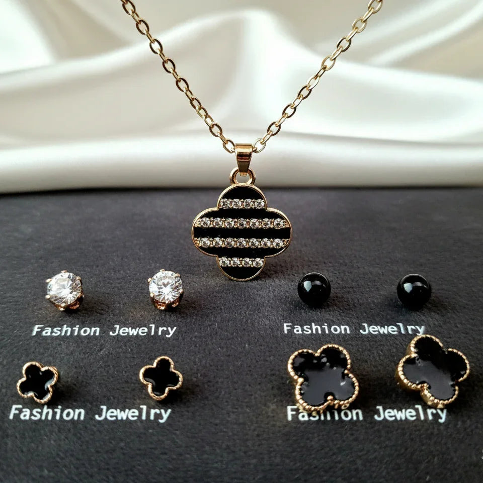 Luxury Black & Gold Clover Jewelry Set – Necklace & 4 Pairs of Earrings - SUNEHRI STORE
