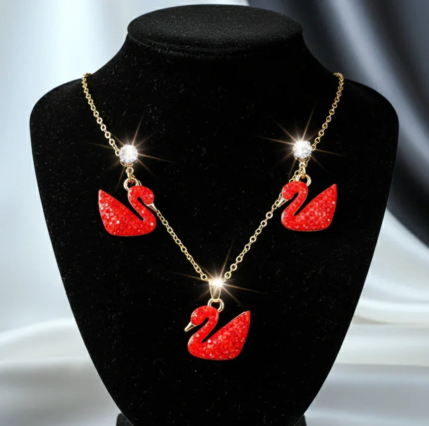 Elegant Red Swan Necklace & Earrings Set - SUNEHRI STORE
