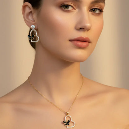 Butterfly Heart Necklace Set – Dazzling Gold & Black Jewelry - SUNEHRI STORE