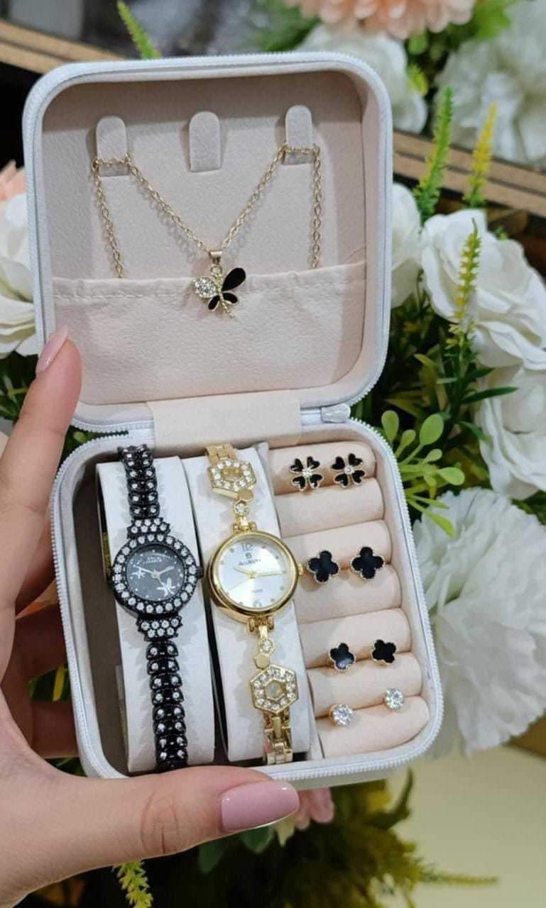 2 in 1 Gift Set for Girls | Diamond Stone Jewelry Watches, Earrings & Locket Chain
