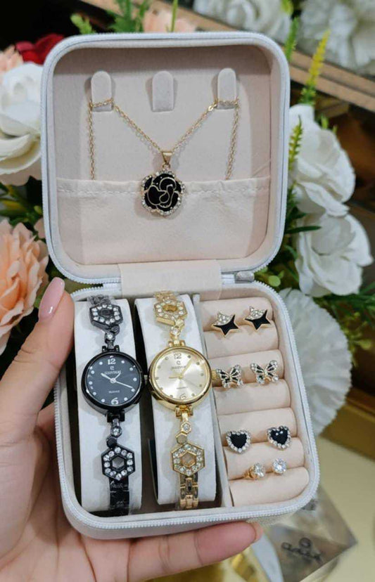 2 in 1 Gift Set for Girls | Diamond Stone Jewelry Watches, Earrings & Locket Chain
