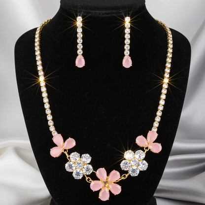 Stunning Floral Crystal Jewelry Set – Glamorous Gold & Pink Elegance - SUNEHRI STORE