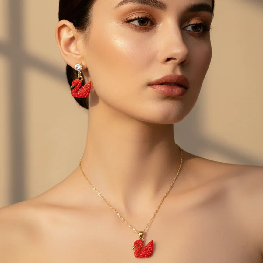 Elegant Red Swan Necklace & Earrings Set - SUNEHRI STORE