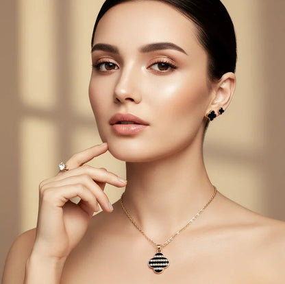 Luxury Black & Gold Clover Jewelry Set – Necklace & 4 Pairs of Earrings - SUNEHRI STORE