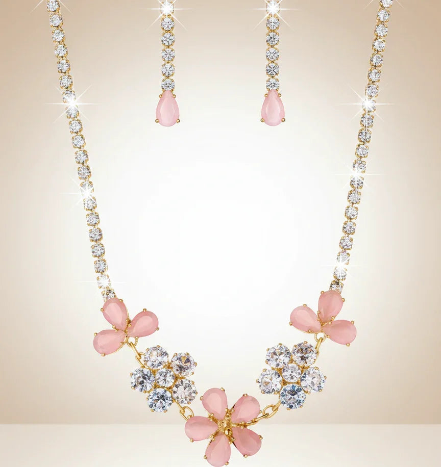 Stunning Floral Crystal Jewelry Set – Glamorous Gold & Pink Elegance - SUNEHRI STORE