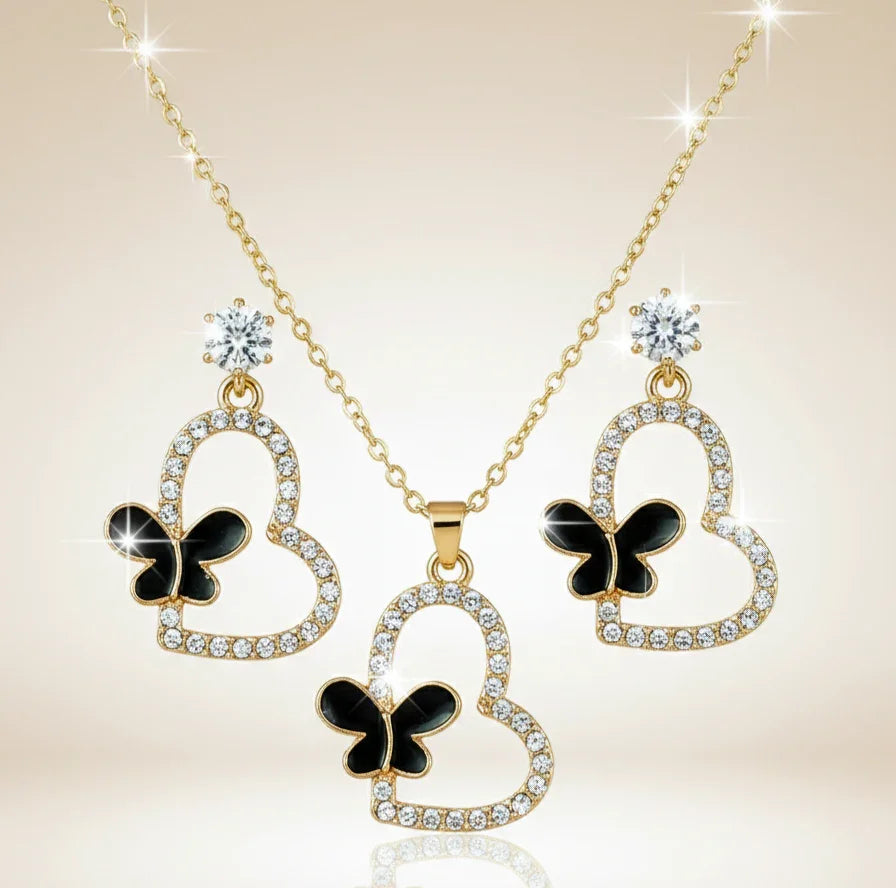 Butterfly Heart Necklace Set – Dazzling Gold & Black Jewelry - SUNEHRI STORE
