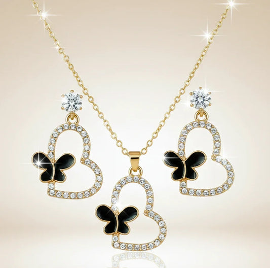 Butterfly Heart Necklace Set – Dazzling Gold & Black Jewelry - SUNEHRI STORE