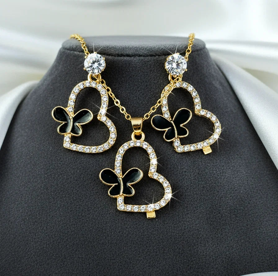 Butterfly Heart Necklace Set – Dazzling Gold & Black Jewelry - SUNEHRI STORE