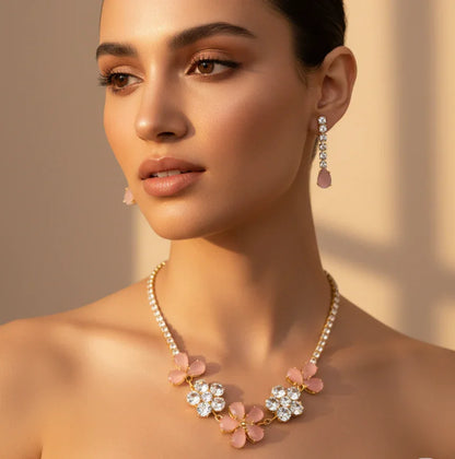 Stunning Floral Crystal Jewelry Set – Glamorous Gold & Pink Elegance - SUNEHRI STORE